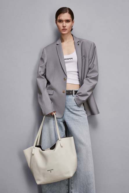 Hammered leather shopping bag, White, Patrizia Pepe