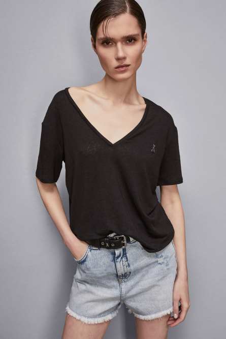 Linen V-neck t-shirt, Black, Patrizia Pepe