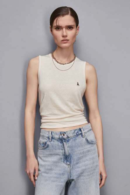 Camiseta sin mangas elástica de lino, Beige