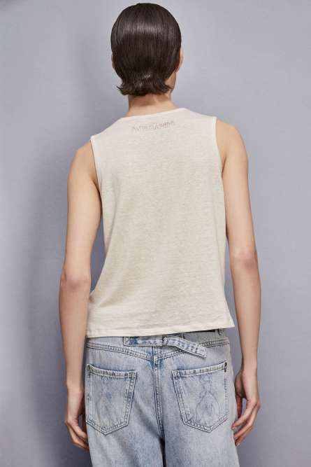 Camiseta sin mangas elástica de lino, Beige