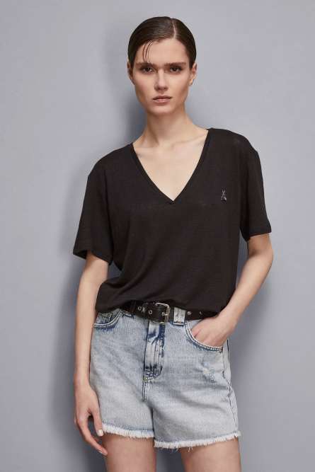 Linen V-neck t-shirt, Black, Patrizia Pepe