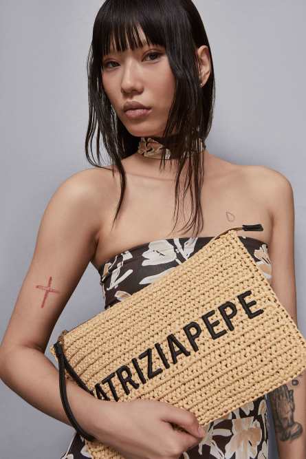 Woven clutch bag with embroidery, Beige, Patrizia Pepe