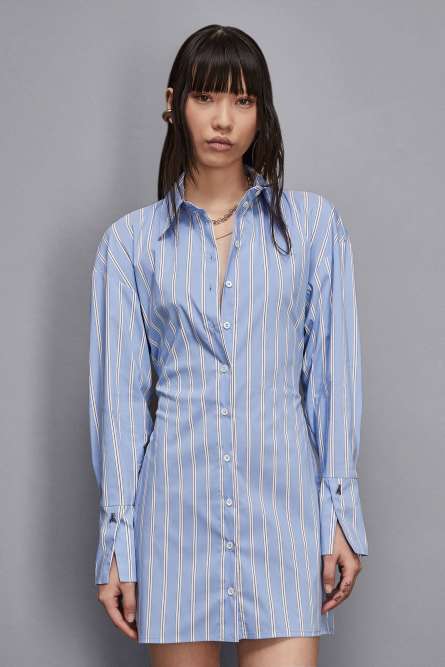 Vestido camisero corto de popelina de algodón a rayas, Azul