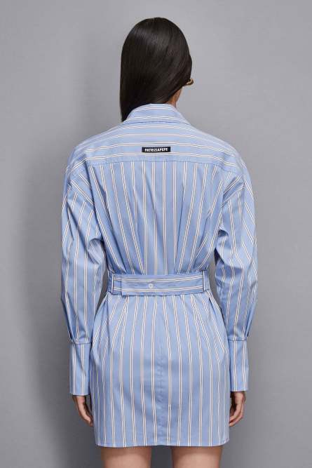 Vestido camisero corto de popelina de algodón a rayas, Azul