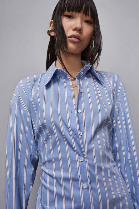 Vestido camisero corto de popelina de algodón a rayas, Azul