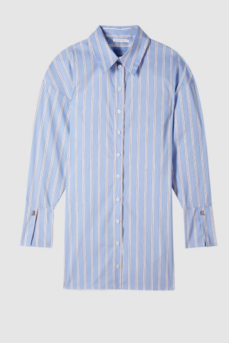 Vestido camisero corto de popelina de algodón a rayas, Azul