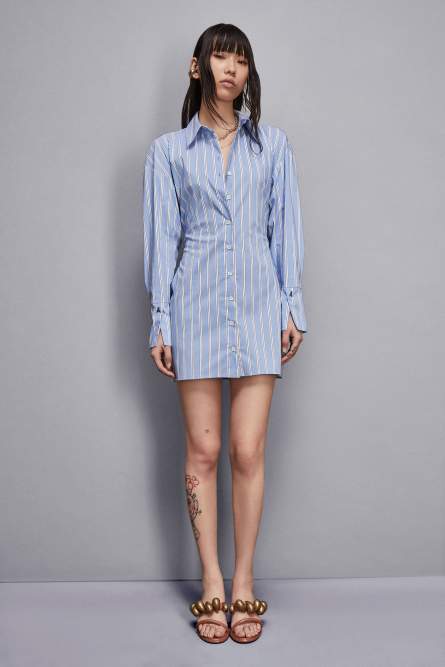 Vestido camisero corto de popelina de algodón a rayas, Azul