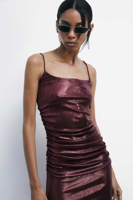 Mini draped dress in laminated jersey, Bordeaux, Patrizia Pepe