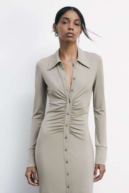 Fitted midi dress with draping, Beige, Patrizia Pepe