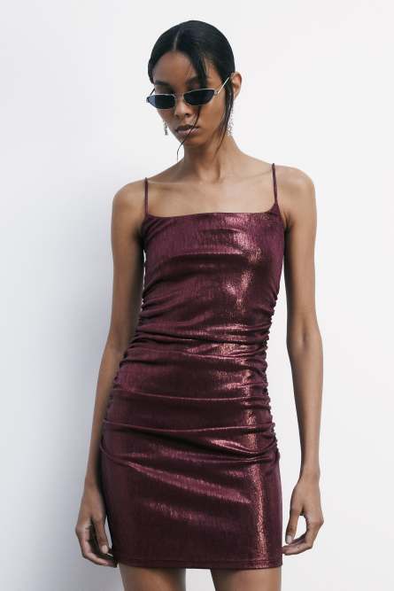 Mini draped dress in laminated jersey, Bordeaux, Patrizia Pepe