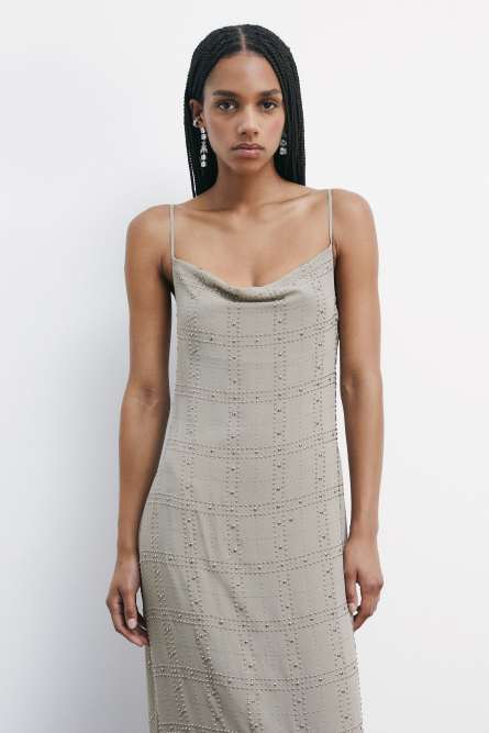 Long dress with deep neckline and studs, Beige, Patrizia Pepe