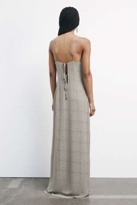 Long dress with deep neckline and studs, Beige, Patrizia Pepe