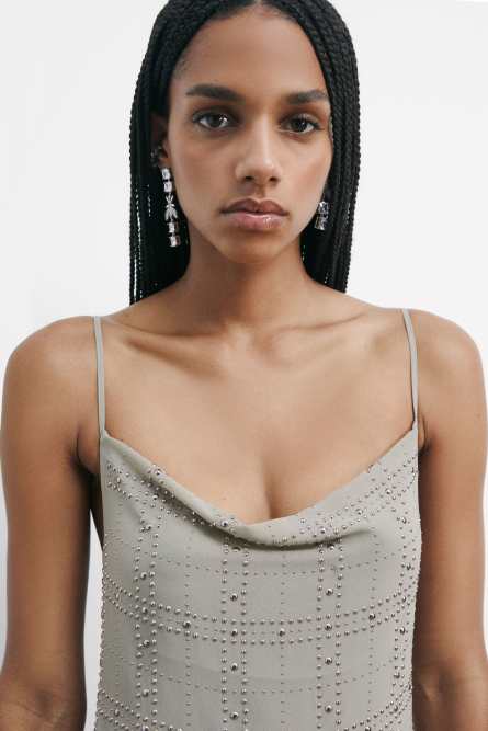 Long dress with deep neckline and studs, Beige, Patrizia Pepe