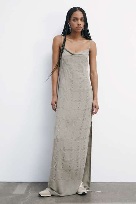 Long dress with deep neckline and studs, Beige, Patrizia Pepe
