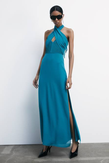 Pleated long dress with crossover neckline, Green, Patrizia Pepe