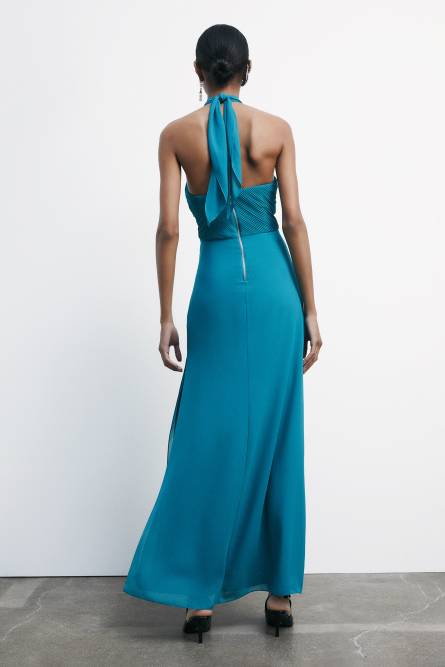 Pleated long dress with crossover neckline, Green, Patrizia Pepe