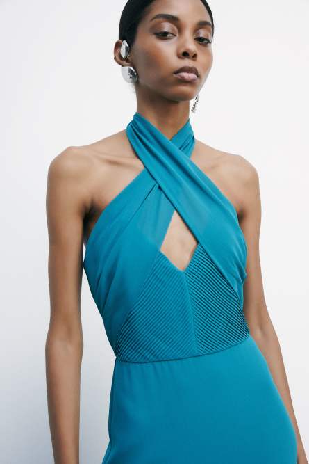 Pleated long dress with crossover neckline, Green, Patrizia Pepe