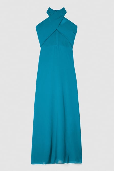 Pleated long dress with crossover neckline, Green, Patrizia Pepe