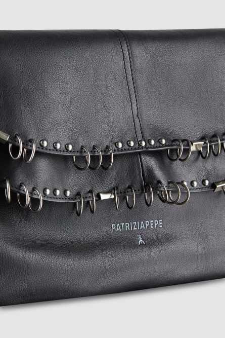 Leather shoulder bag with studs and appliqués, Black, Patrizia Pepe