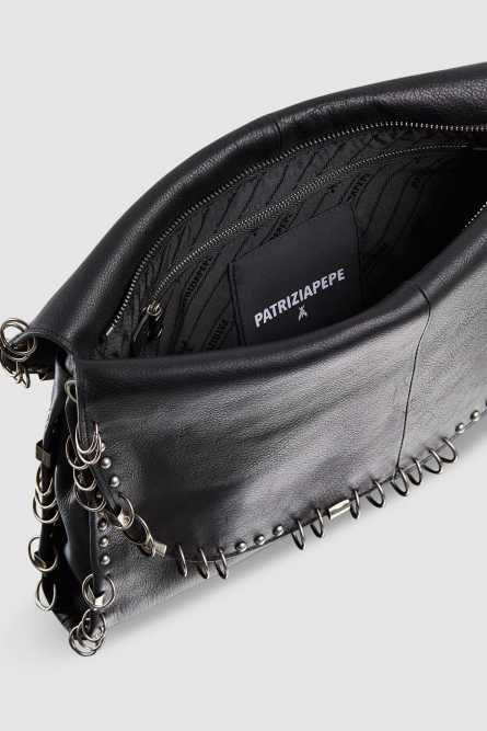 Leather shoulder bag with studs and appliqués, Black, Patrizia Pepe