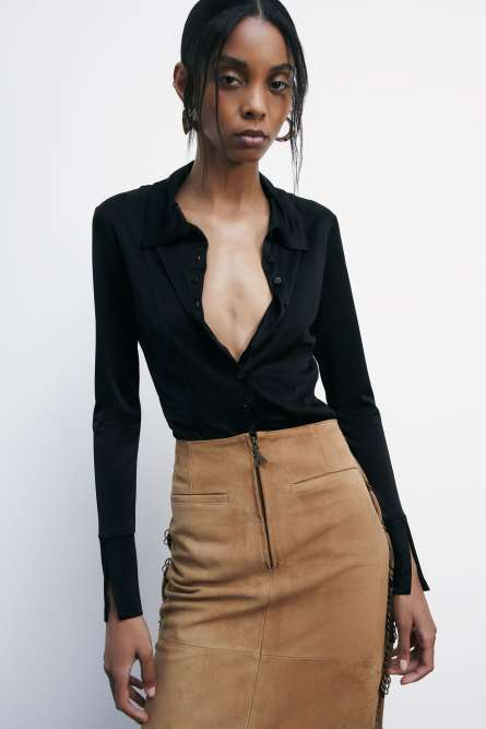 Slim fit shirt in glossy jersey, Black, Patrizia Pepe