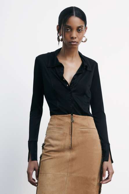 Slim fit shirt in glossy jersey, Black, Patrizia Pepe