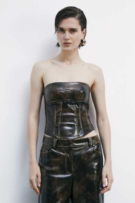 Coated fabric corset with zip, Brown, Patrizia Pepe