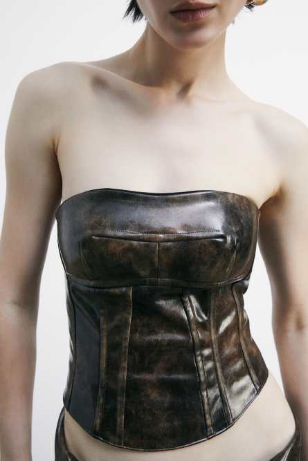 Coated fabric corset with zip, Brown, Patrizia Pepe