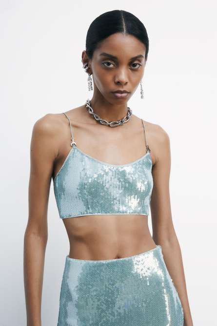 Crop top con paillettes in tulle, Azzurro, Patrizia Pepe