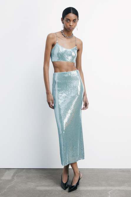 Crop top con paillettes in tulle, Azzurro, Patrizia Pepe