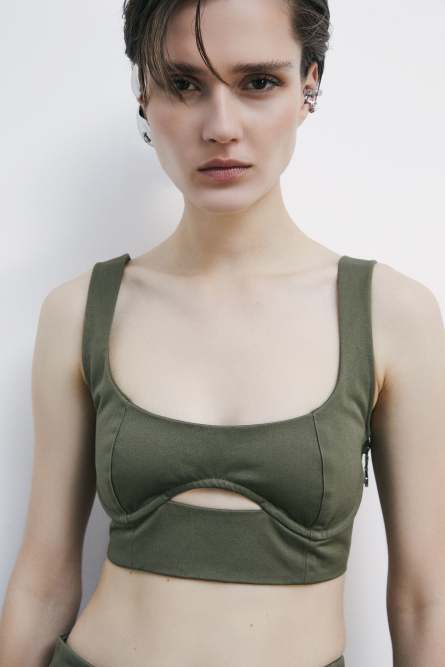 Cotton bustier crop top with cut-out, Green, Patrizia Pepe
