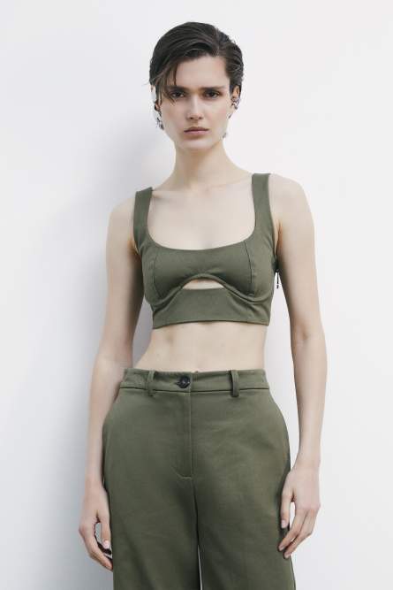 Cotton bustier crop top with cut-out, Green, Patrizia Pepe