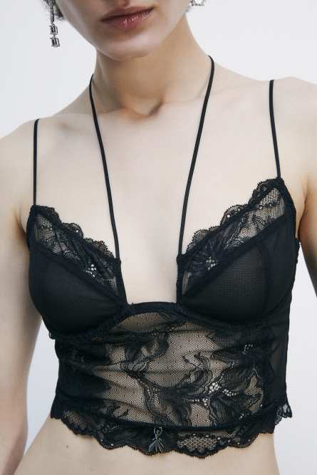 Bustier top in lace and tulle with straps, Black, Patrizia Pepe