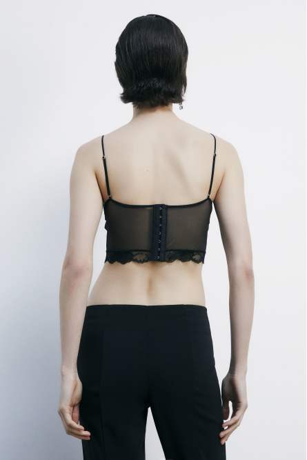 Bustier top in lace and tulle with straps, Black, Patrizia Pepe