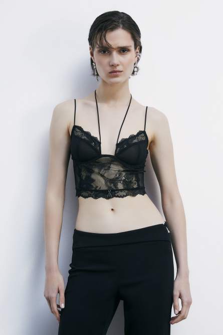 Bustier top in lace and tulle with straps, Black, Patrizia Pepe