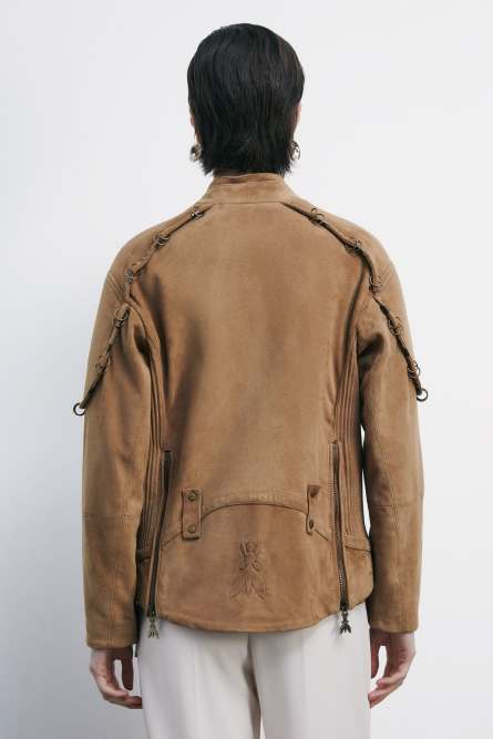 ★【MASSNOUN】★Leather Strap Oversized Sueded Jacke.t★ Oversized suede biker jacket with piercing details