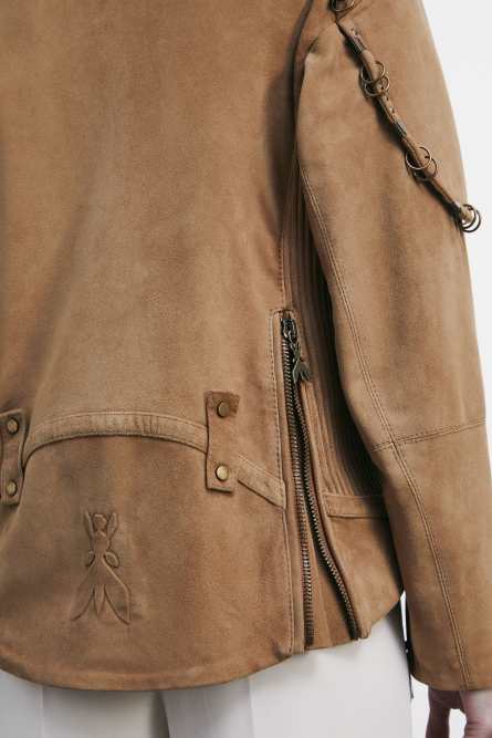 Oversized suede biker jacket with piercing details