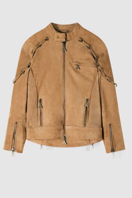 Oversized suede biker jacket with piercing details | Beige