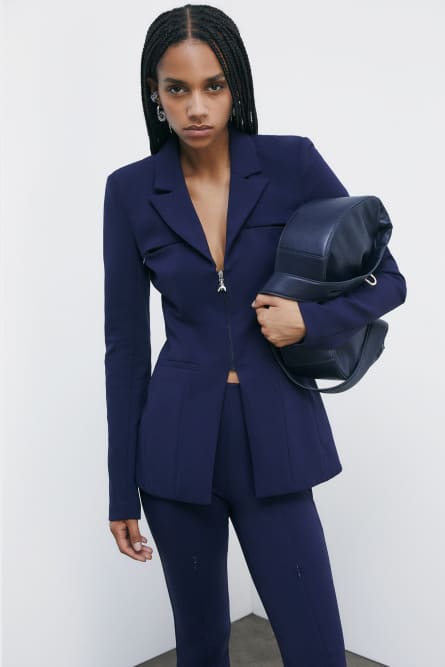 “ESSENTIAL” stretch blazer with zip details, Blue, Patrizia Pepe