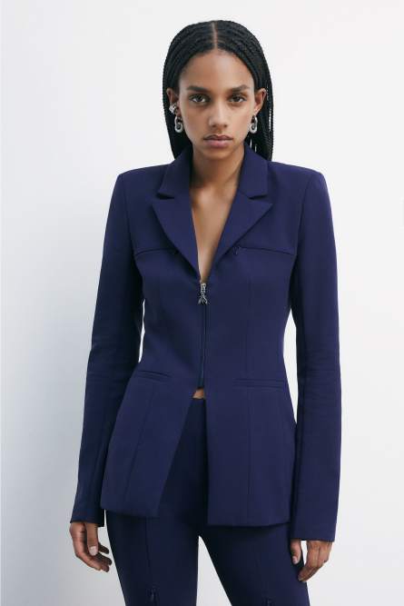 “ESSENTIAL” stretch blazer with zip details, Blue, Patrizia Pepe