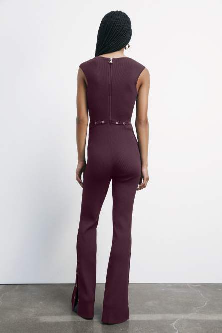 Slim knit jumpsuit with deep neckline, Bordeaux, Patrizia Pepe