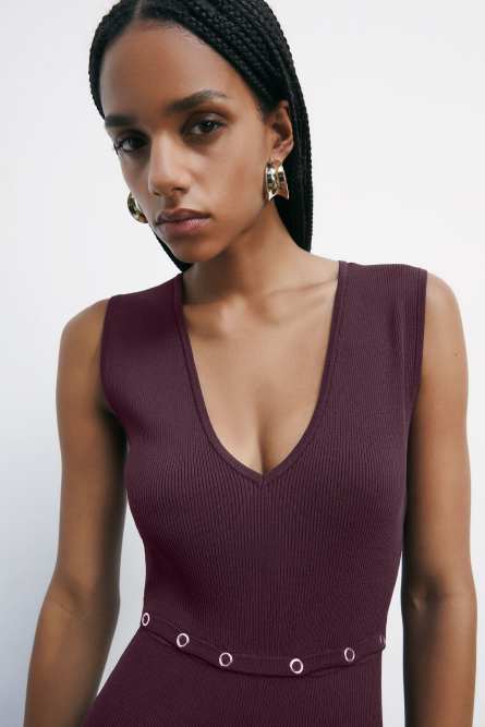 Slim knit jumpsuit with deep neckline, Bordeaux, Patrizia Pepe