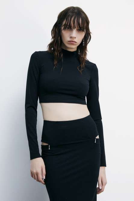Crop top in technical fabric, Black, Patrizia Pepe