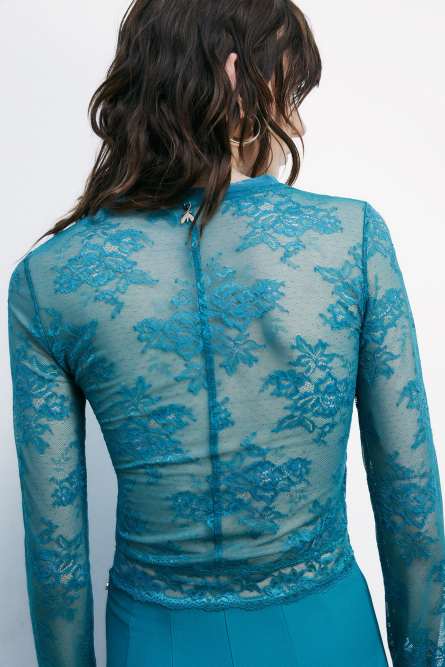 Top de encaje elástico de manga larga, Verde