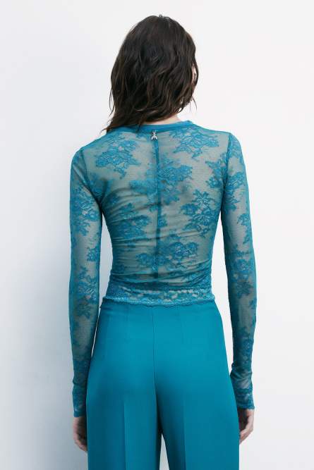 Top de encaje elástico de manga larga, Verde