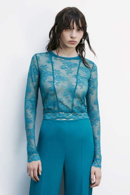 Top de encaje elástico de manga larga, Verde