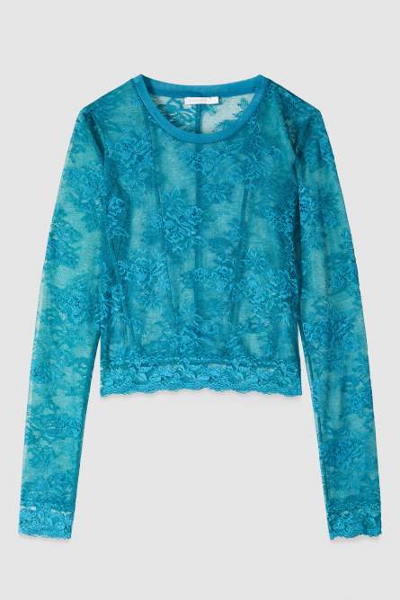 Top de encaje elástico de manga larga, Verde