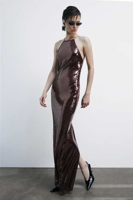 Abito lungo in tulle con paillettes, Rosso, Patrizia Pepe