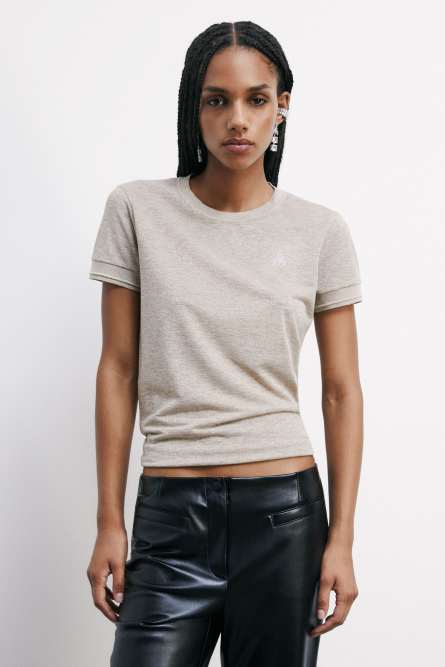 Knit T-Shirt with strass logo detail, Beige, Patrizia Pepe