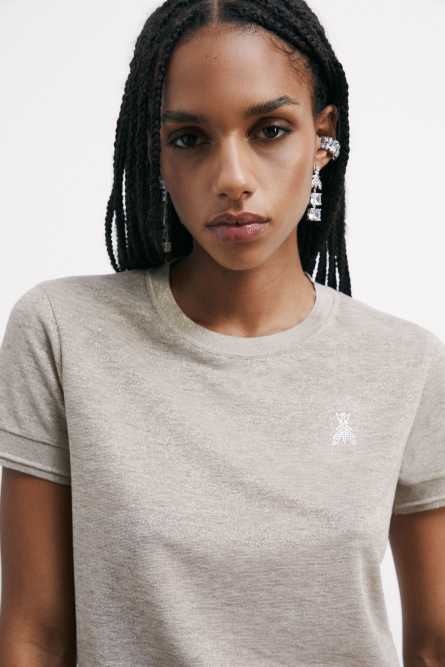 Knit T-Shirt with strass logo detail, Beige, Patrizia Pepe